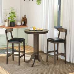 Set of 2 Bar Height Stools with Curved Backs and Faux Leather Seats in Oak, 29.5 Inch