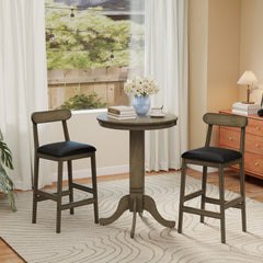 Set of 2 Bar Height Stools with Curved Backs and Faux Leather Seats in Oak, 29.5 Inch