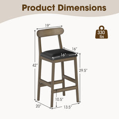 Set of 2 Bar Height Stools with Curved Backs and Faux Leather Seats in Oak, 29.5 Inch