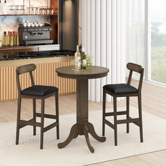 Set of 2 Bar Height Stools with Curved Backs and Faux Leather Seats in Oak, 29.5 Inch