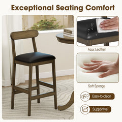 Set of 2 Bar Height Stools with Curved Backs and Faux Leather Seats in Oak, 29.5 Inch