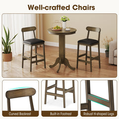 Set of 2 Bar Height Stools with Curved Backs and Faux Leather Seats in Oak, 29.5 Inch