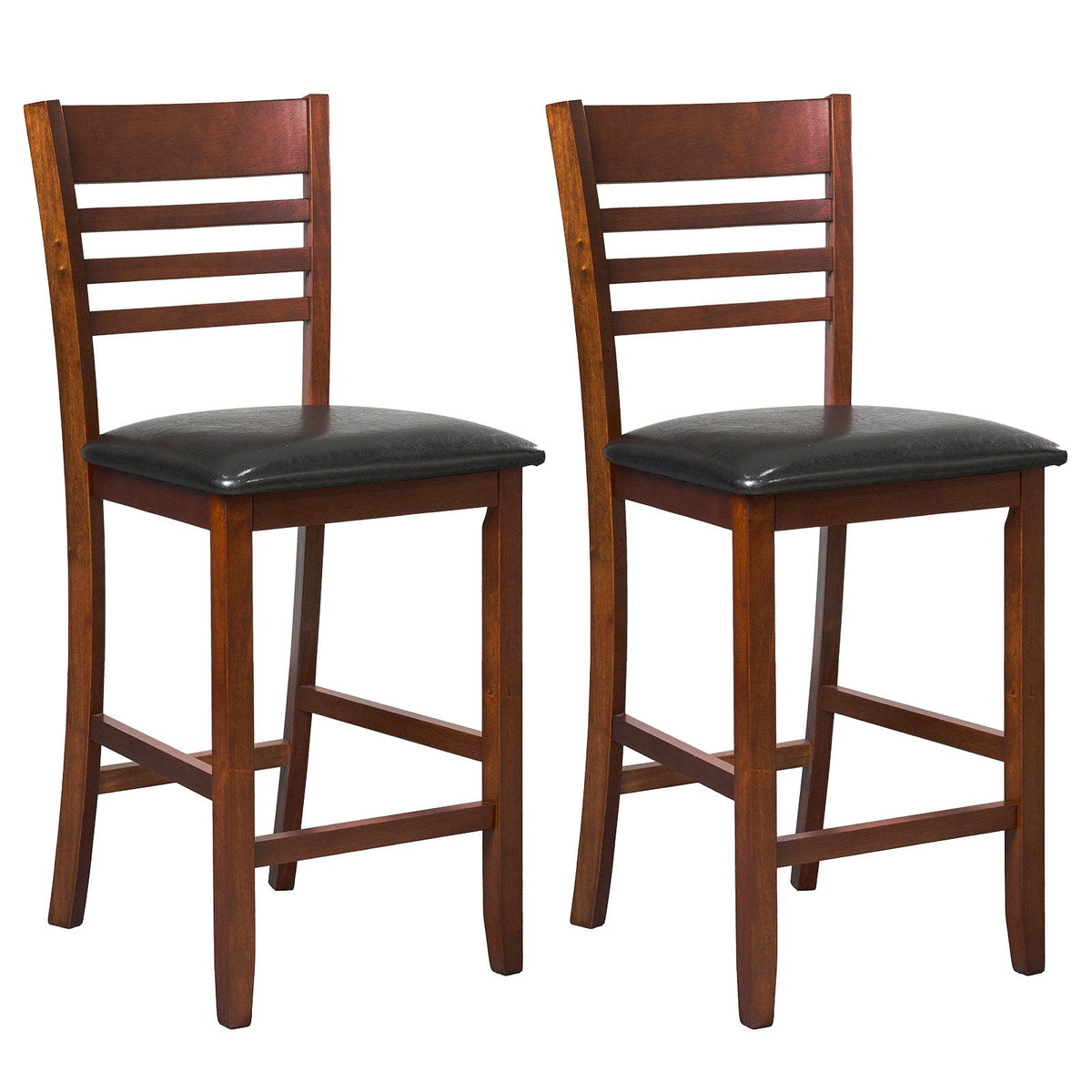 Set of 2 Slatted Back Counter Stools in Walnut with Padded Seats, 25.5 Inch Seat