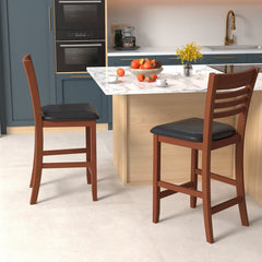 Set of 2 Slatted Back Counter Stools in Walnut with Padded Seats, 25.5 Inch Seat