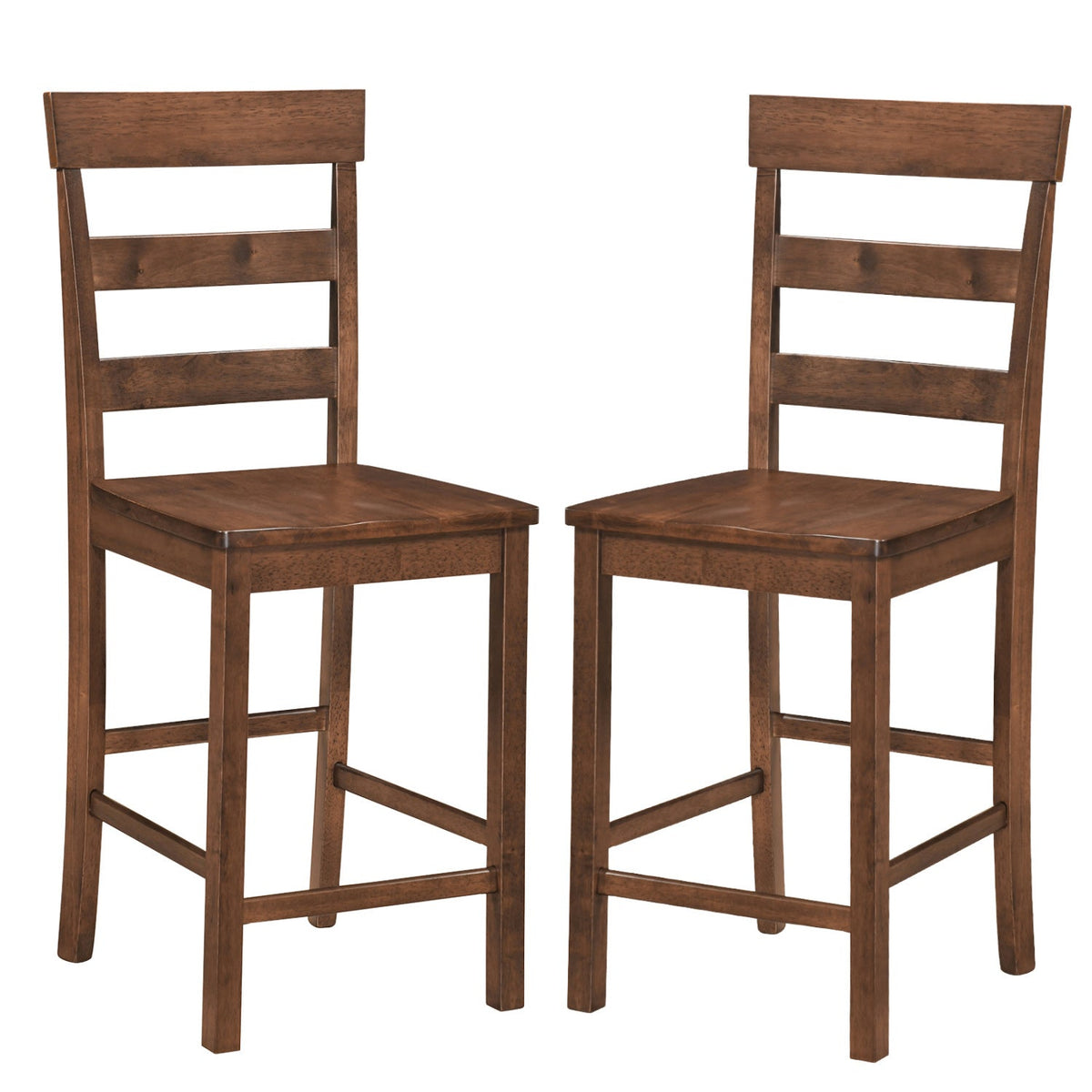 Set of 2 Ladder Back Counter Stools in Walnut with Timber Seats, 24 Inch Seat Height