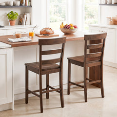 Set of 2 Ladder Back Counter Stools in Walnut with Timber Seats, 24 Inch Seat Height