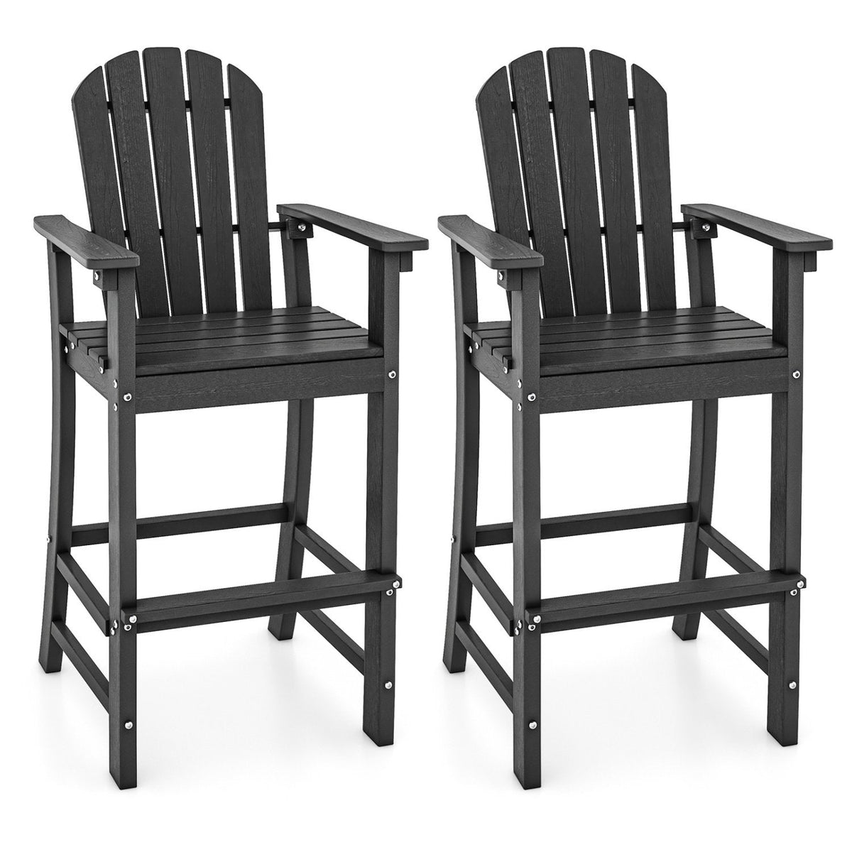 Set of 2 Counter Height Outdoor HDPE Bar Stool with Armrests and Footrest-Black