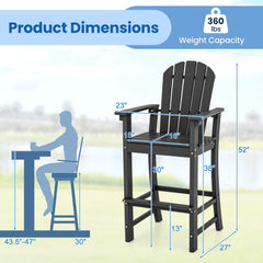 Set of 2 Counter Height Outdoor HDPE Bar Stool with Armrests and Footrest-Black