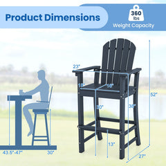 Set of 2 Counter Height Outdoor HDPE Bar Stool with Armrests and Footrest-Navy