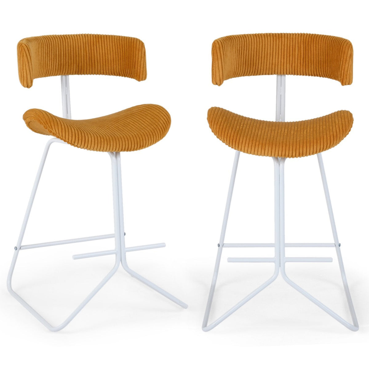 Set of 2 Corduroy Counter Stools with Open Curved Backs in Mustard, 25 Inch Seat