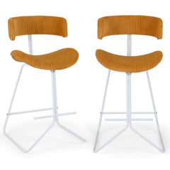 Set of 2 Corduroy Counter Stools with Open Curved Backs in Mustard, 25 Inch Seat