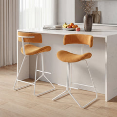 Set of 2 Corduroy Counter Stools with Open Curved Backs in Mustard, 25 Inch Seat