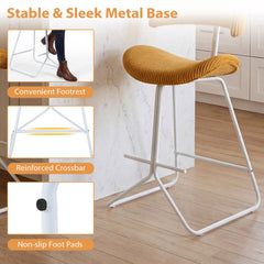 Set of 2 Corduroy Counter Stools with Open Curved Backs in Mustard, 25 Inch Seat