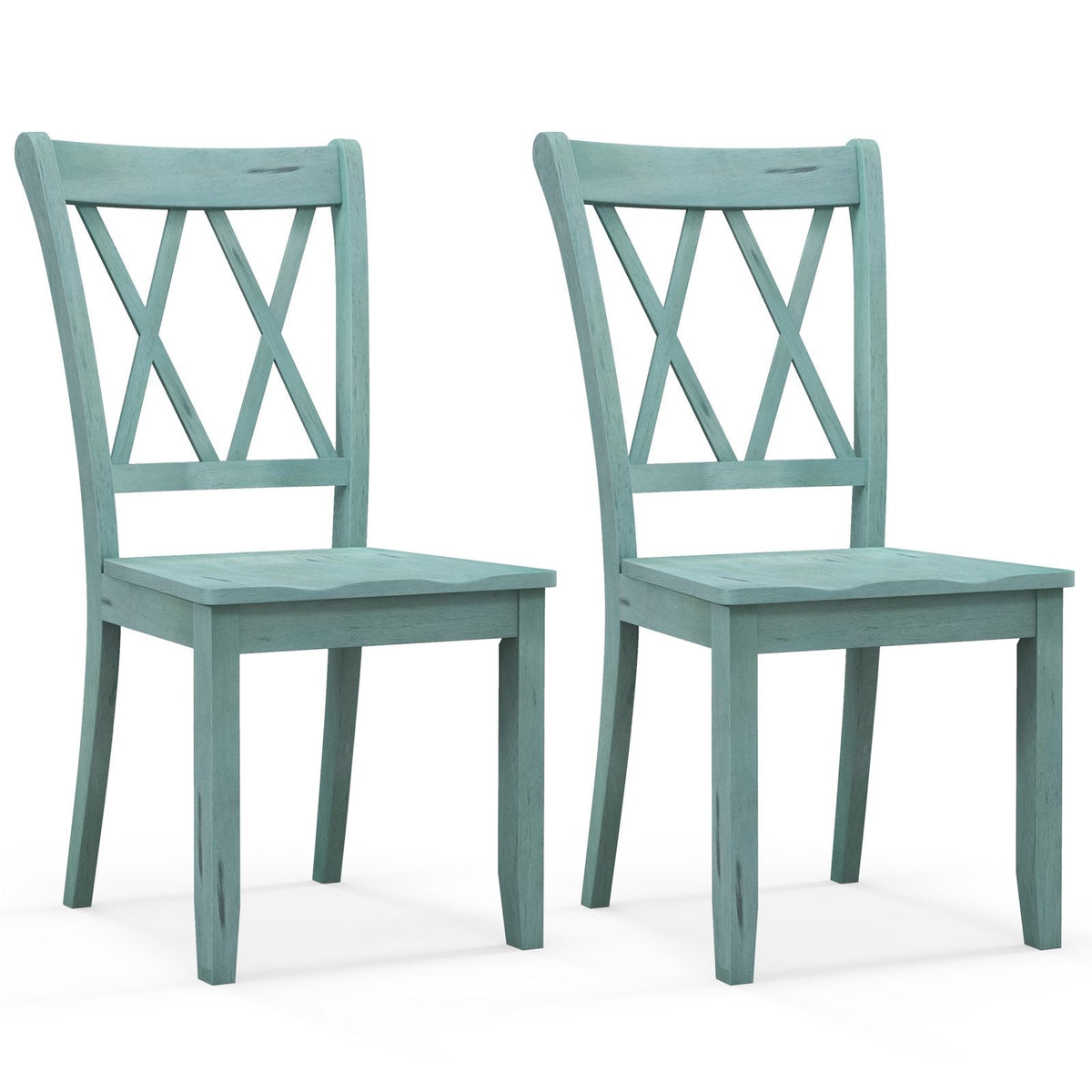 Set of 2 Double Cross Back Dining Chairs, Distressed Mint Green Rubber Wood with Contoured Wooden Seat