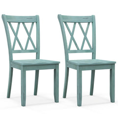 Set of 2 Double Cross Back Dining Chairs, Distressed Mint Green Rubber Wood with Contoured Wooden Seat