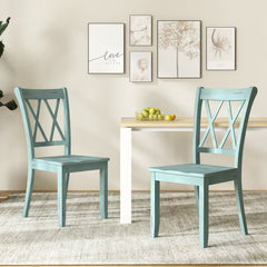 Set of 2 Double Cross Back Dining Chairs, Distressed Mint Green Rubber Wood with Contoured Wooden Seat