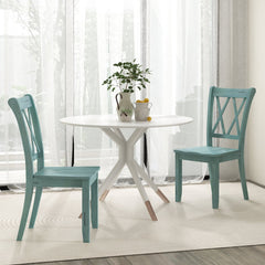 Set of 2 Double Cross Back Dining Chairs, Distressed Mint Green Rubber Wood with Contoured Wooden Seat