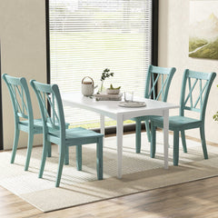 Set of 2 Double Cross Back Dining Chairs, Distressed Mint Green Rubber Wood with Contoured Wooden Seat