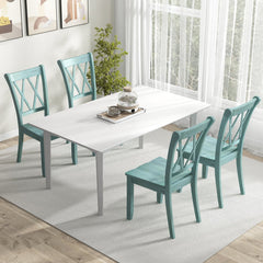 Set of 2 Double Cross Back Dining Chairs, Distressed Mint Green Rubber Wood with Contoured Wooden Seat