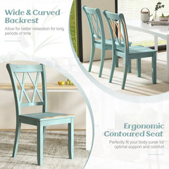Set of 2 Double Cross Back Dining Chairs, Distressed Mint Green Rubber Wood with Contoured Wooden Seat