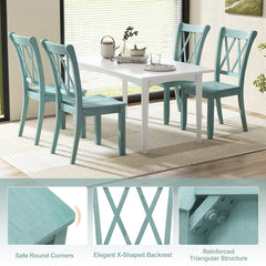 Set of 2 Double Cross Back Dining Chairs, Distressed Mint Green Rubber Wood with Contoured Wooden Seat
