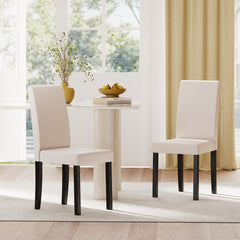 Set of 2 Mid Century Parsons Dining Chairs, Beige Faux Linen with 3.5 Inch Seat Cushion and Rubber Wood Legs