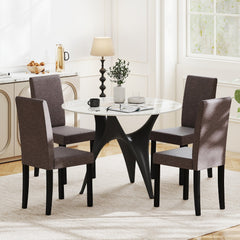 Set of 2 Mid Century Parsons Dining Chairs, Brown Faux Linen with 18 Inch Seat Height and Rubber Wood Legs
