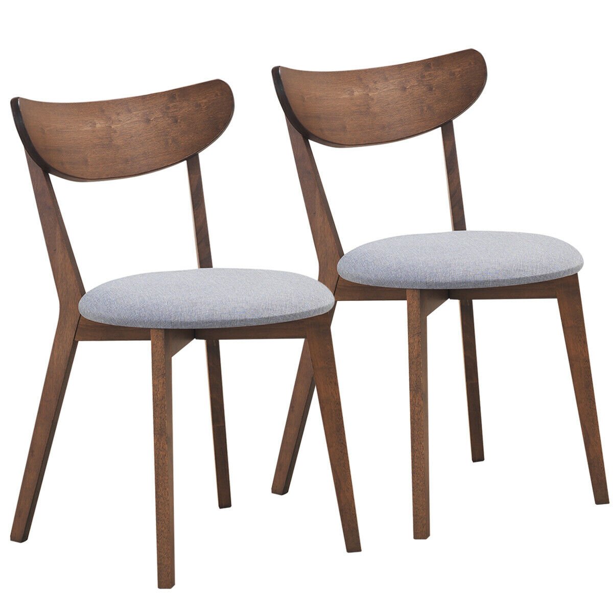 Set of 2 Mid Century Dining Chairs, Walnut Rubber Wood with Curved Back and Grey Upholstered Seat