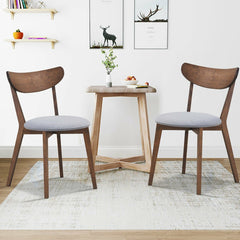 Set of 2 Mid Century Dining Chairs, Walnut Rubber Wood with Curved Back and Grey Upholstered Seat