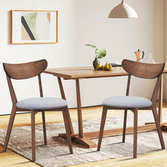 Set of 2 Mid Century Dining Chairs, Walnut Rubber Wood with Curved Back and Grey Upholstered Seat