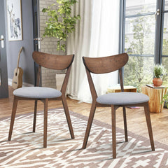 Set of 2 Mid Century Dining Chairs, Walnut Rubber Wood with Curved Back and Grey Upholstered Seat