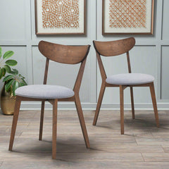 Set of 2 Mid Century Dining Chairs, Walnut Rubber Wood with Curved Back and Grey Upholstered Seat