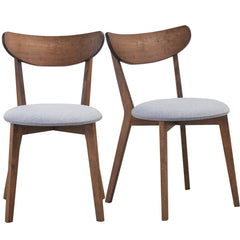 Set of 2 Mid Century Dining Chairs, Walnut Rubber Wood with Curved Back and Grey Upholstered Seat
