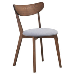 Set of 2 Mid Century Dining Chairs, Walnut Rubber Wood with Curved Back and Grey Upholstered Seat