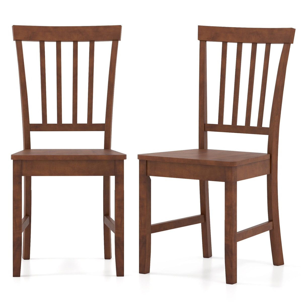 Set of 2 Slat Back Wooden Dining Chairs, Walnut Rubber Wood with Inclined Back