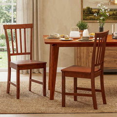 Set of 2 Slat Back Wooden Dining Chairs, Walnut Rubber Wood with Inclined Back
