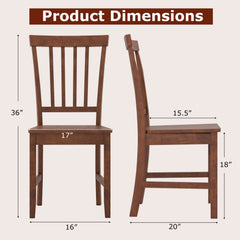 Set of 2 Slat Back Wooden Dining Chairs, Walnut Rubber Wood with Inclined Back