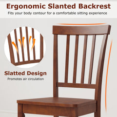 Set of 2 Slat Back Wooden Dining Chairs, Walnut Rubber Wood with Inclined Back
