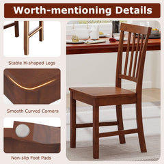 Set of 2 Slat Back Wooden Dining Chairs, Walnut Rubber Wood with Inclined Back