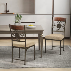 Set of 2 Metal Dining Chairs with Scroll Medallion Back, Wood Top Rail and Beige Fabric Seat