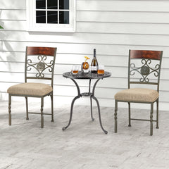 Set of 2 Metal Dining Chairs with Scroll Medallion Back, Wood Top Rail and Beige Fabric Seat