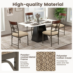 Set of 2 Metal Dining Chairs with Scroll Medallion Back, Wood Top Rail and Beige Fabric Seat