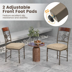 Set of 2 Metal Dining Chairs with Scroll Medallion Back, Wood Top Rail and Beige Fabric Seat