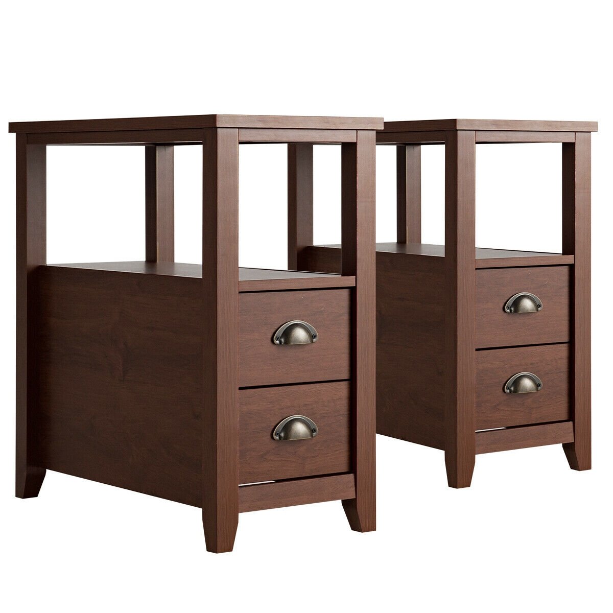 Set of 2 Narrow End Tables with 2 Drawers and Open Shelf, Brown