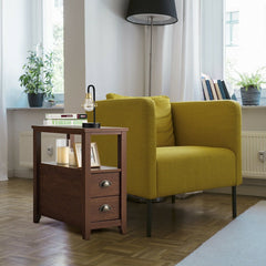 Set of 2 Narrow End Tables with 2 Drawers and Open Shelf, Brown