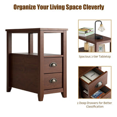 Set of 2 Narrow End Tables with 2 Drawers and Open Shelf, Brown