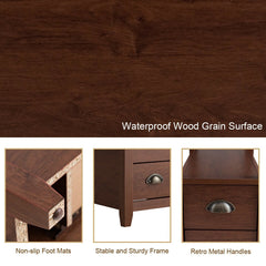 Set of 2 Narrow End Tables with 2 Drawers and Open Shelf, Brown