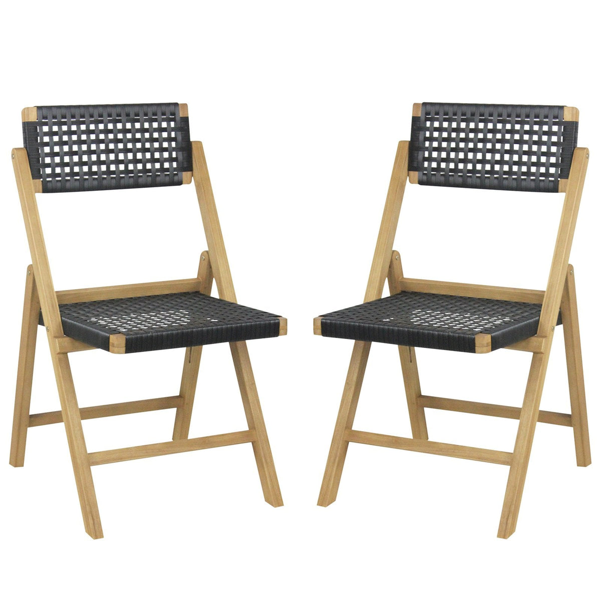 Set of 2 Folding Chairs Indonesia Teak Wood Dining Chairs with Woven Rope Seat and Back