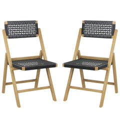 Set of 2 Folding Chairs Indonesia Teak Wood Dining Chairs with Woven Rope Seat and Back