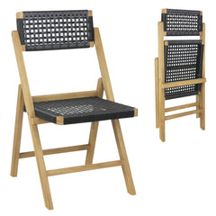 Set of 2 Folding Chairs Indonesia Teak Wood Dining Chairs with Woven Rope Seat and Back